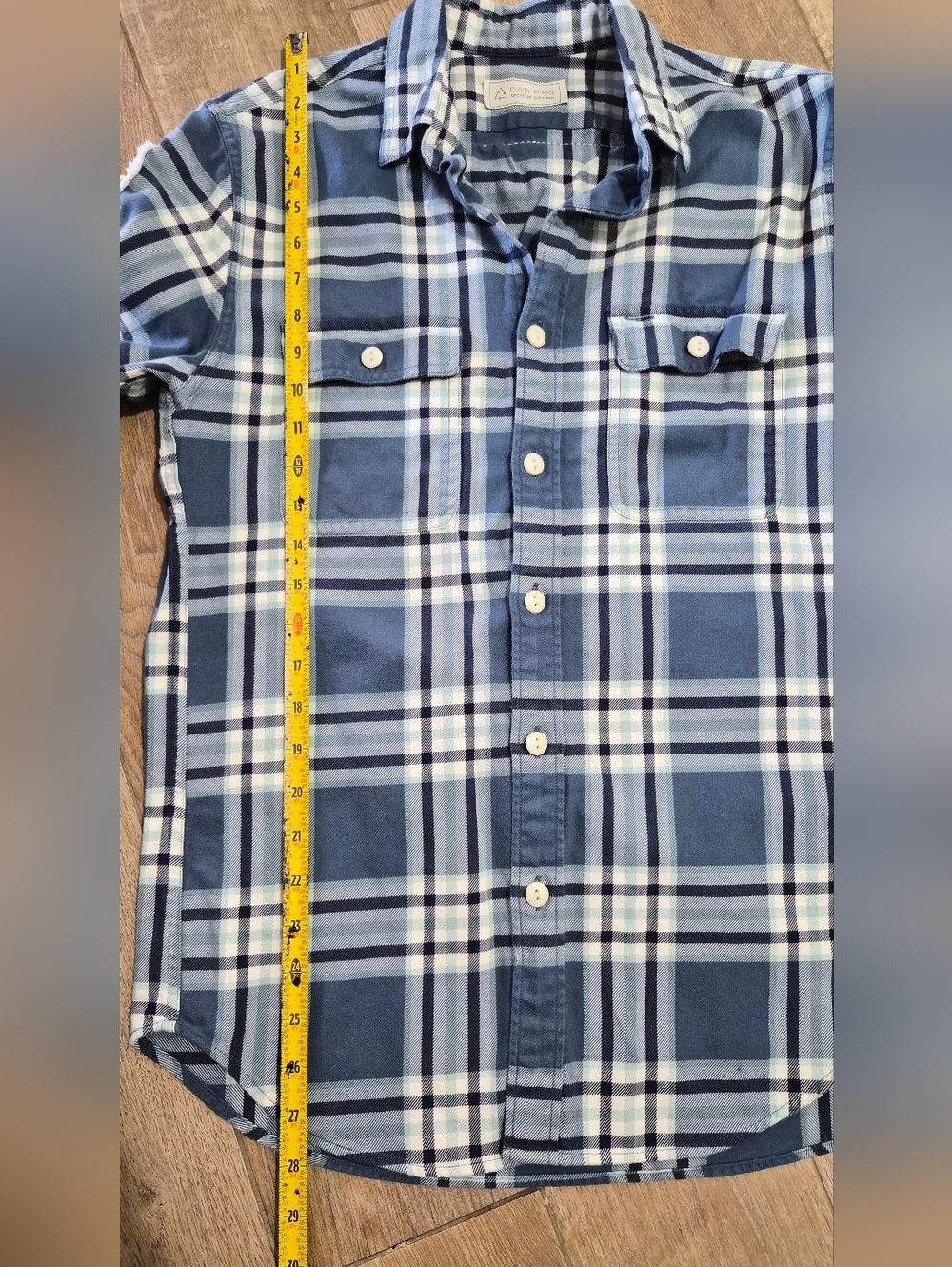 Upcycled Unisex Rolling Stones Flannel Blue Plaid Button Down Shirt - Picture 7 of 8